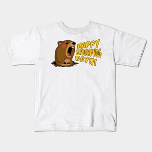 Cute Groundhog Screaming "Happy Groundhog Day!" Holiday Kids T-Shirt